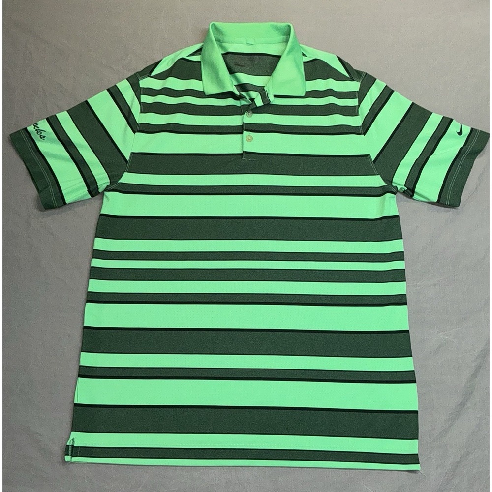 Nike Gold Tour Performance Polo Shirt Mens Large Green Striped Dri Fit Tiger
